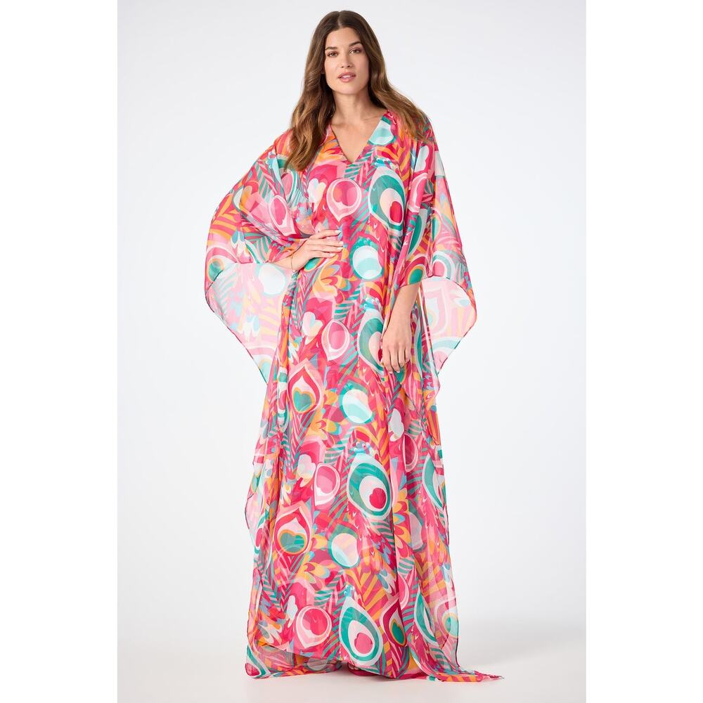 TRINA TURK Salon Maxi Caftan Dress in Dramont Size 12 Resort Multicolor Peacock